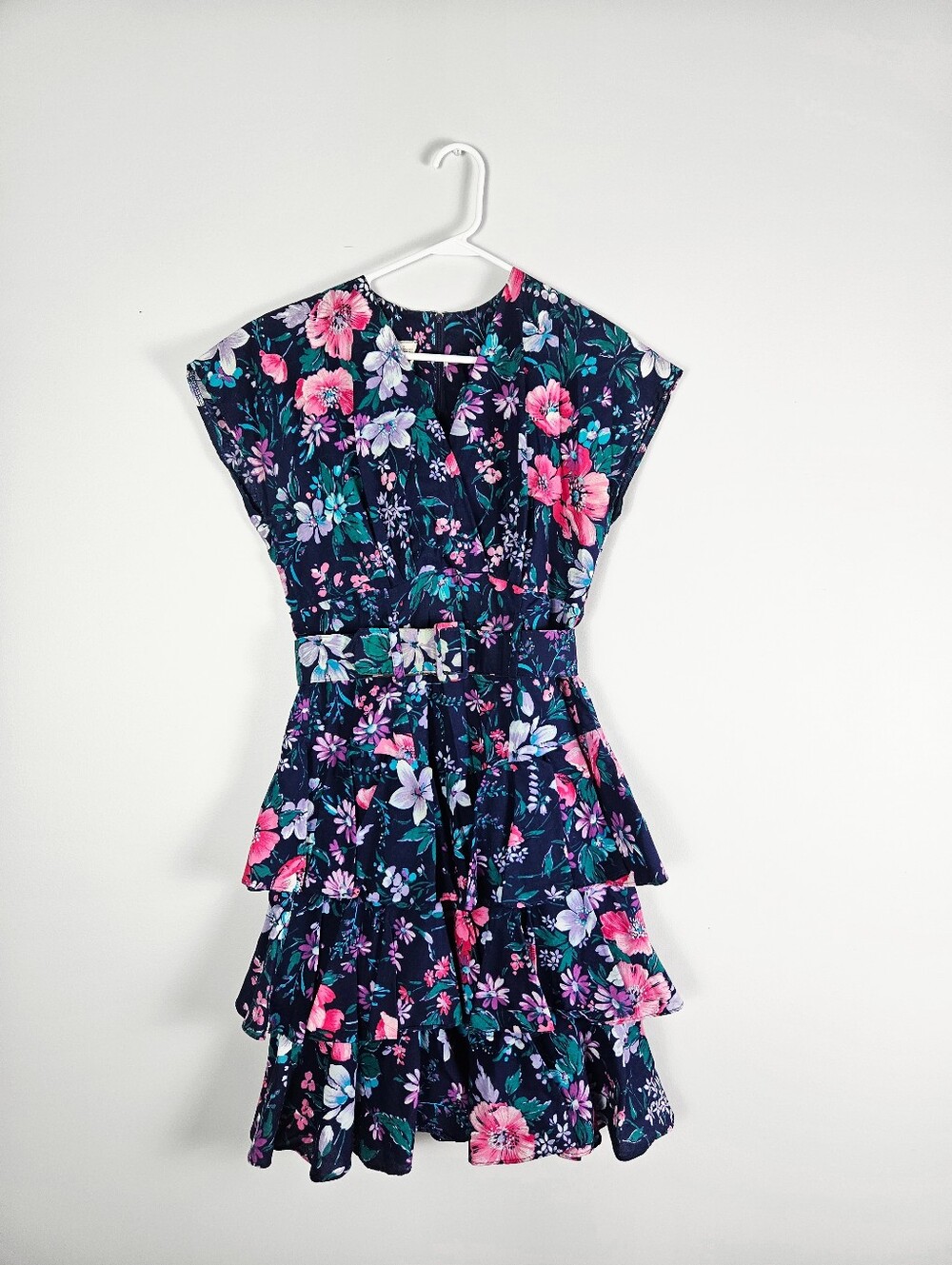 Vintage Floral Tiered Belted Knee Length Cap Sleeve Dress